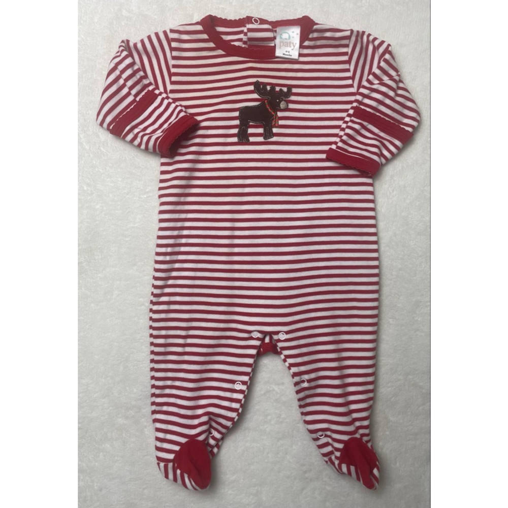 Baby Paty inc. Footie 0-3 Months Red White Striped Moose Christmas vintage